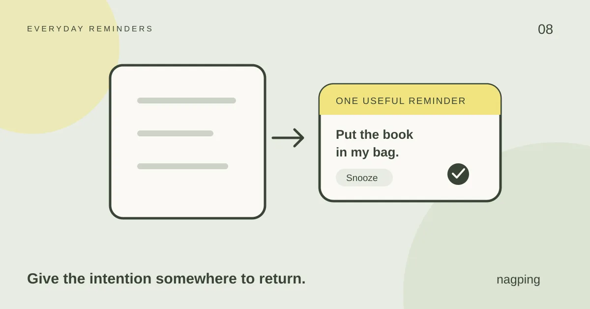 A note connects to a reminder to put a library book in a bag, with snooze and completion choices.