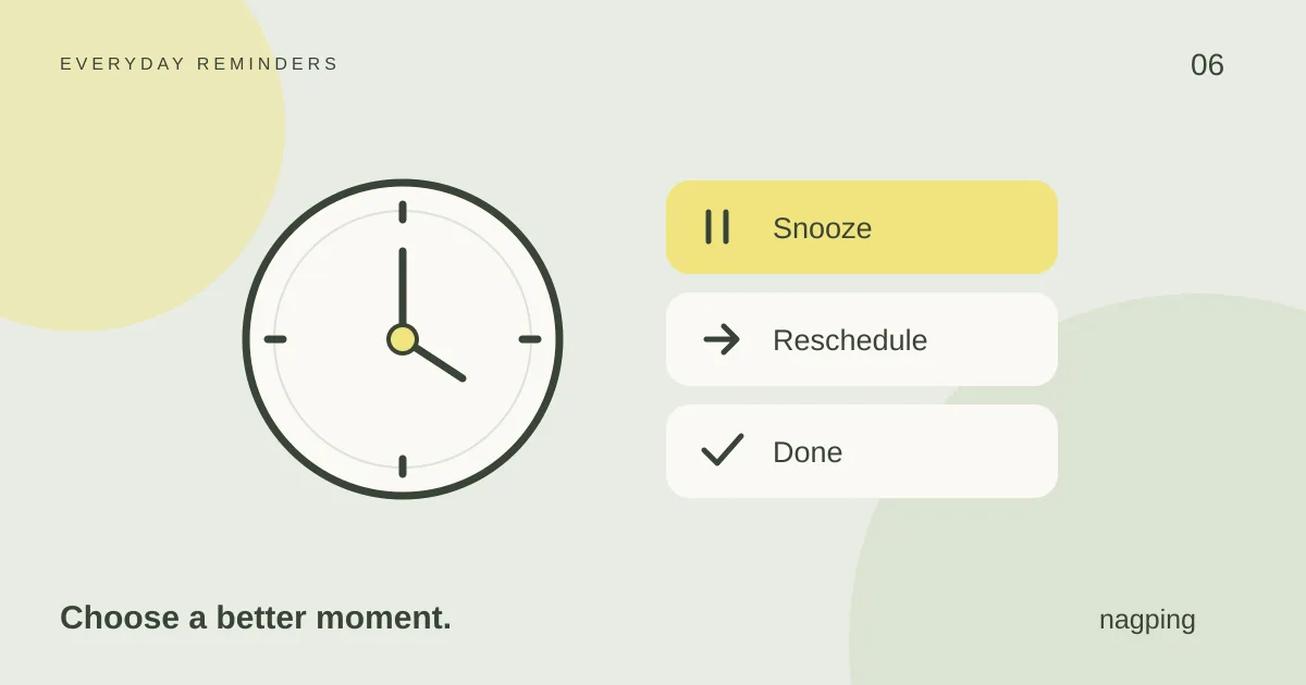 Illustration of a clock beside three reminder choices labelled Snooze, Reschedule and Done, using the nagping sage and yellow palette.