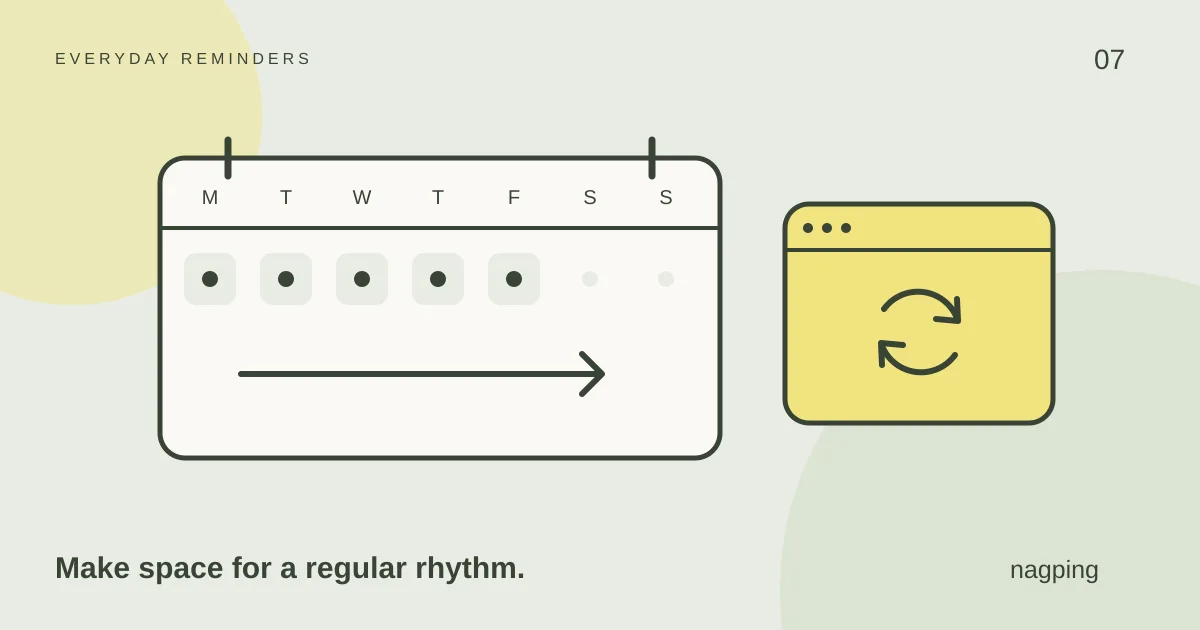 Illustration of a weekly calendar with weekday reminder dots and a repeat arrow, beside a small browser window.