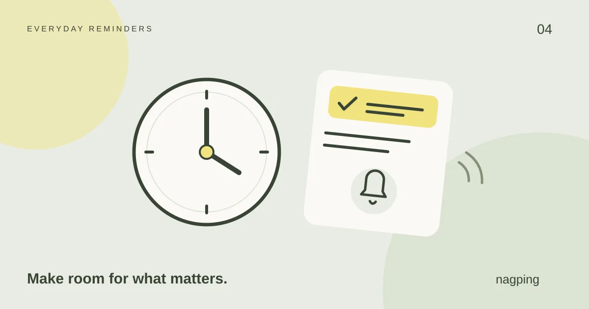 Sage and yellow illustration of a clock beside a reminder card, with a completed checkmark and a small bell.